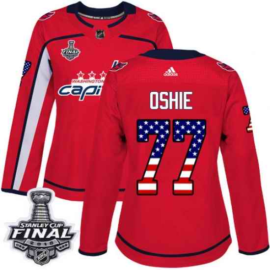 Adidas Capitals #77 T.J. Oshie Red Home Authentic USA Flag 2018 Stanley Cup Final Women's Stitched NHL Jersey